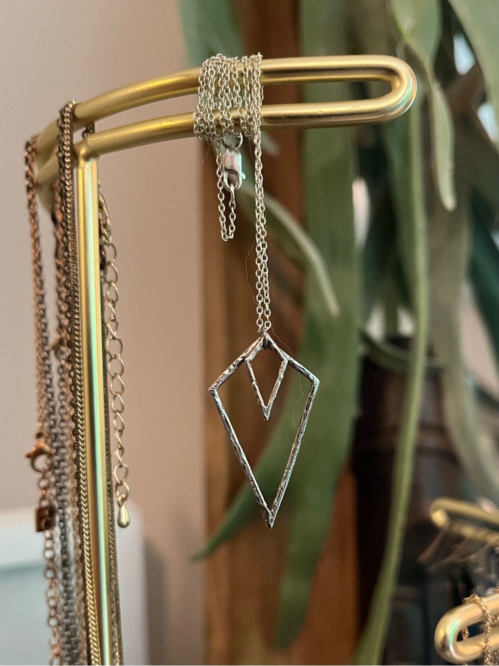 Silver Geometric Open Diamond Pendant Necklace & 16”chain